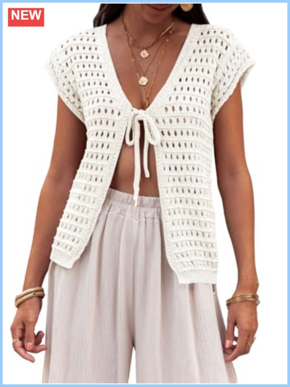 Women's Tie Front Crochet Shrug Short Sleeve Open Front Knit Cropped Cardigan